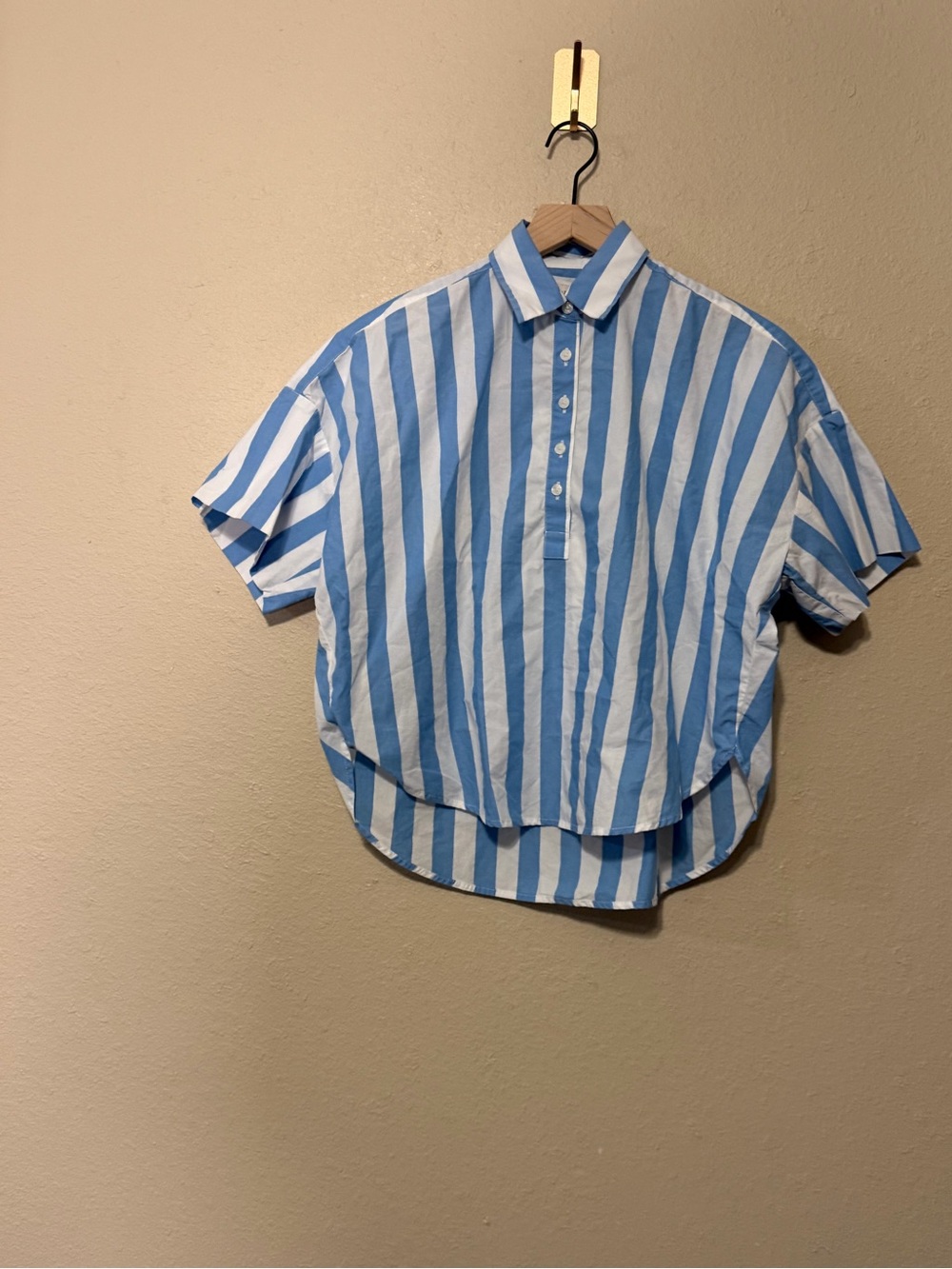 LOFT Blue Striped Short-Sleeve Button Front Top Size XXS Petite